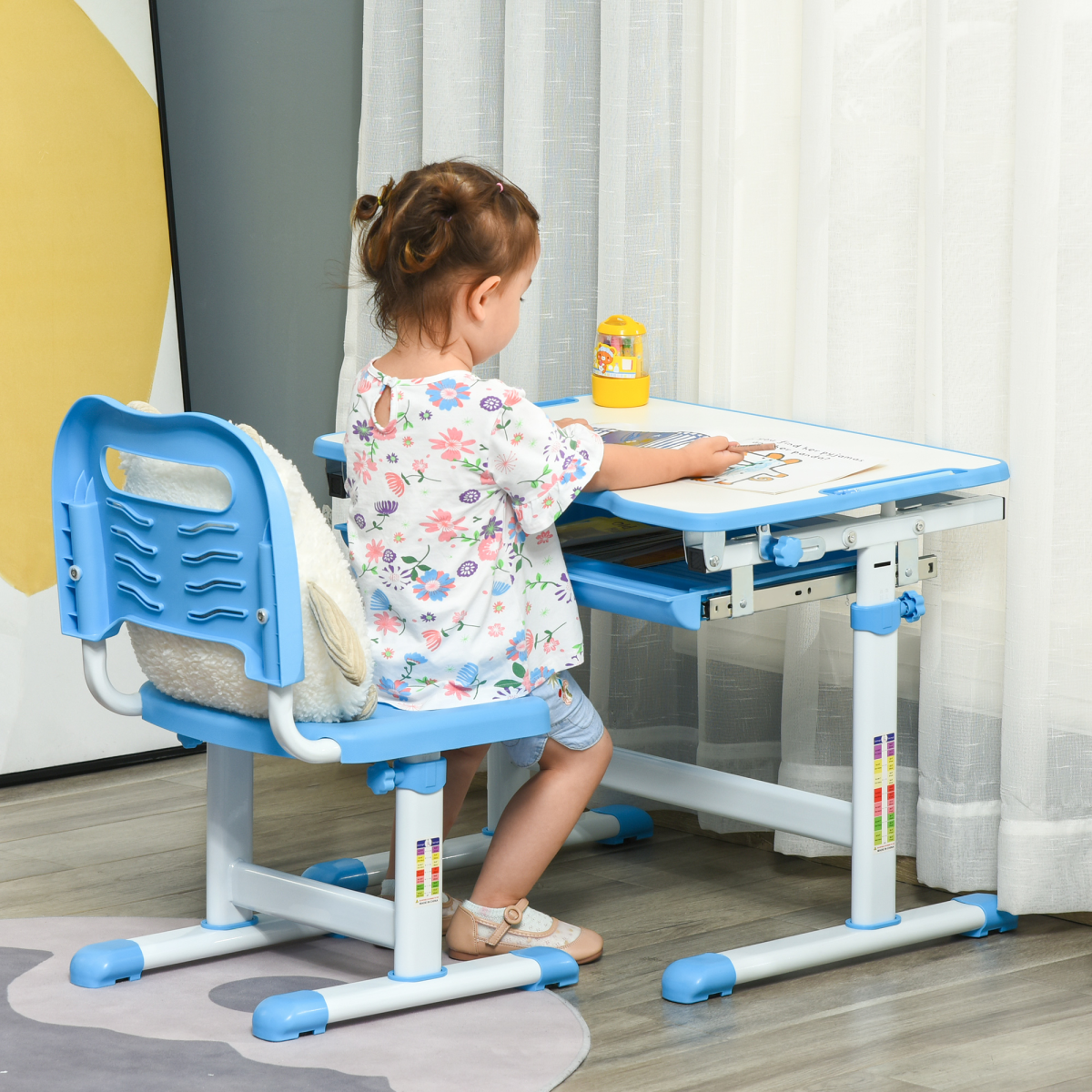 Kids Desk and Chair Set with Adjustable Height, Tiltable Top, Drawer, Pen Slots and Hook – Ages 6–12