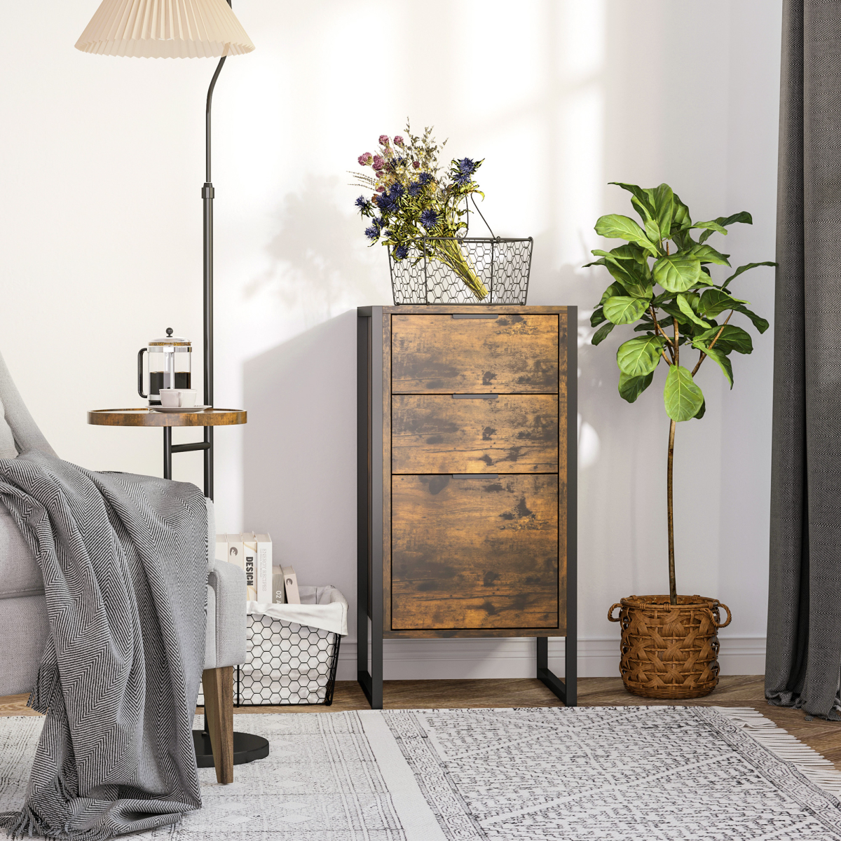 HOMCOM Industrial 3-Drawer Storage Chest with Metal Frame – Rustic Wood-Effect Chest of Drawers, Brown