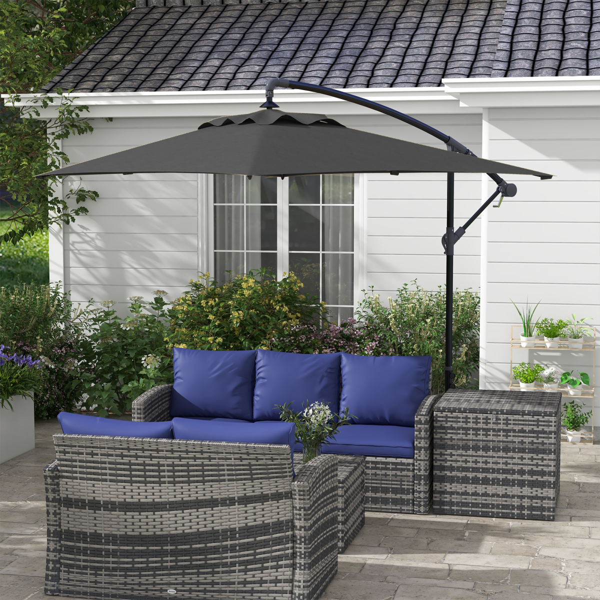 Outsunny 3m Cantilever Parasol with Crank Handle, Cross Base and 6 Ribs – Off-Centre Garden Umbrella, Black
