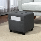 HOMCOM Small Square Footstool Ottoman with Padded Button-Tufted Seat and Side Pocket – Living Room, Grey