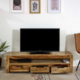Surrey Solid Mango Wood Large TV Unit with 3 Drawers – Handmade Media Storage, Natural Finish