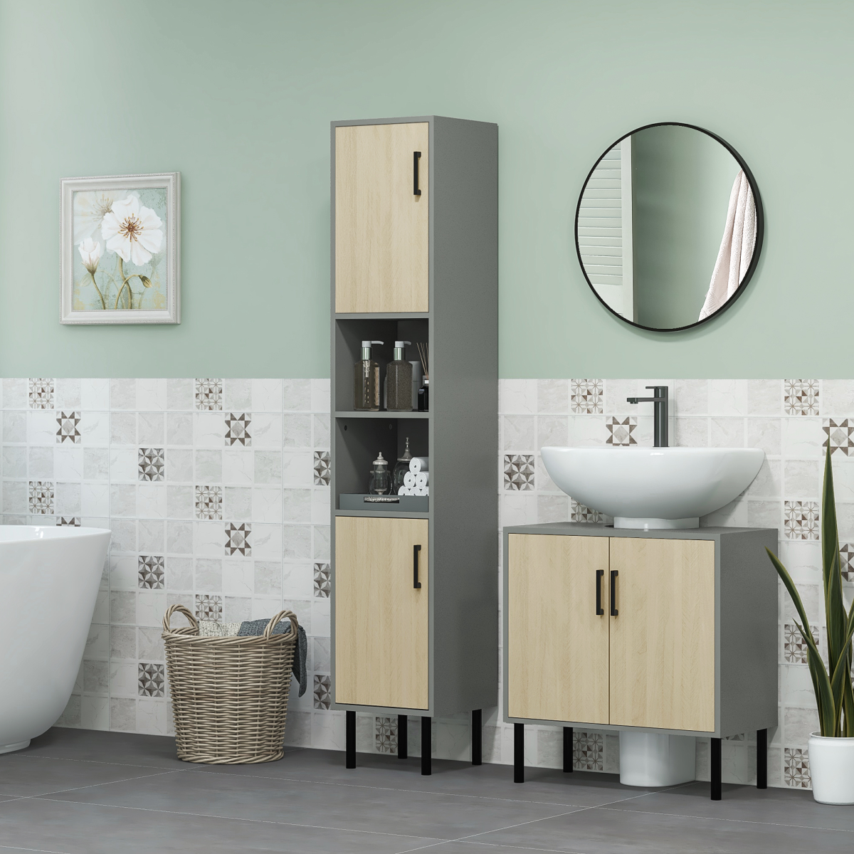 kleankin Under Sink Bathroom Basin Cabinet with Shelf and U-Shaped Cut-Out – Cloakroom Storage