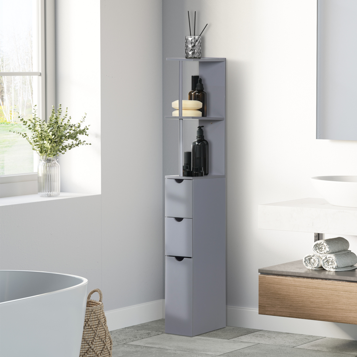 HOMCOM Tall Slimline Bathroom Storage Cabinet with Open Shelves, Cupboard and Drawers – Anti-Tipping Design, Grey