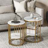 HOMCOM Set of 2 Marble-Effect Two-Tier Tables with Gold Tone Steel Legs – Coffee & Side Tables, White