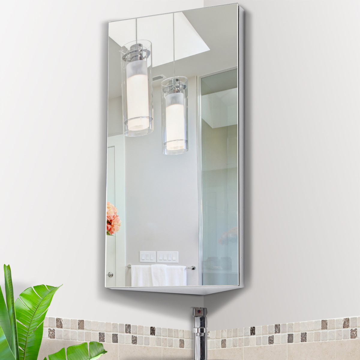 HOMCOM Stainless Steel Floating Corner Cabinet with Mirror & 3 Storage Layers – Wall-Mounted Bathroom Cupboard