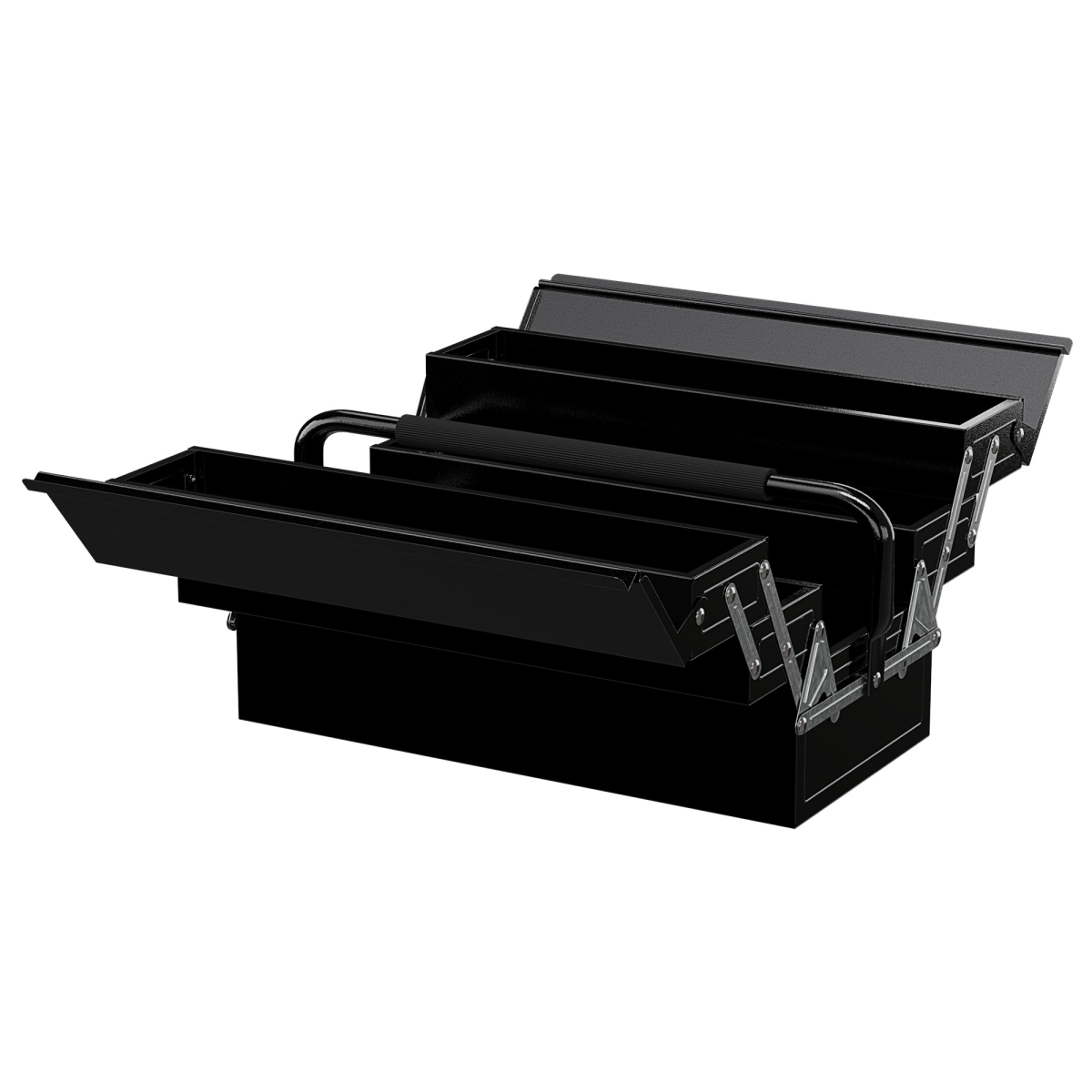 Folding Tool Box with 5 Collapsible Trays – Rust-Resistant Steel Organiser for Home and Workshop, Black