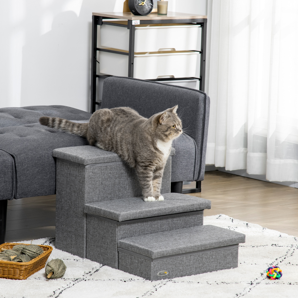 PawHut 3-Step Pet Stairs with Storage Boxes – Dog & Cat Steps for Bed and Sofa, Light Grey
