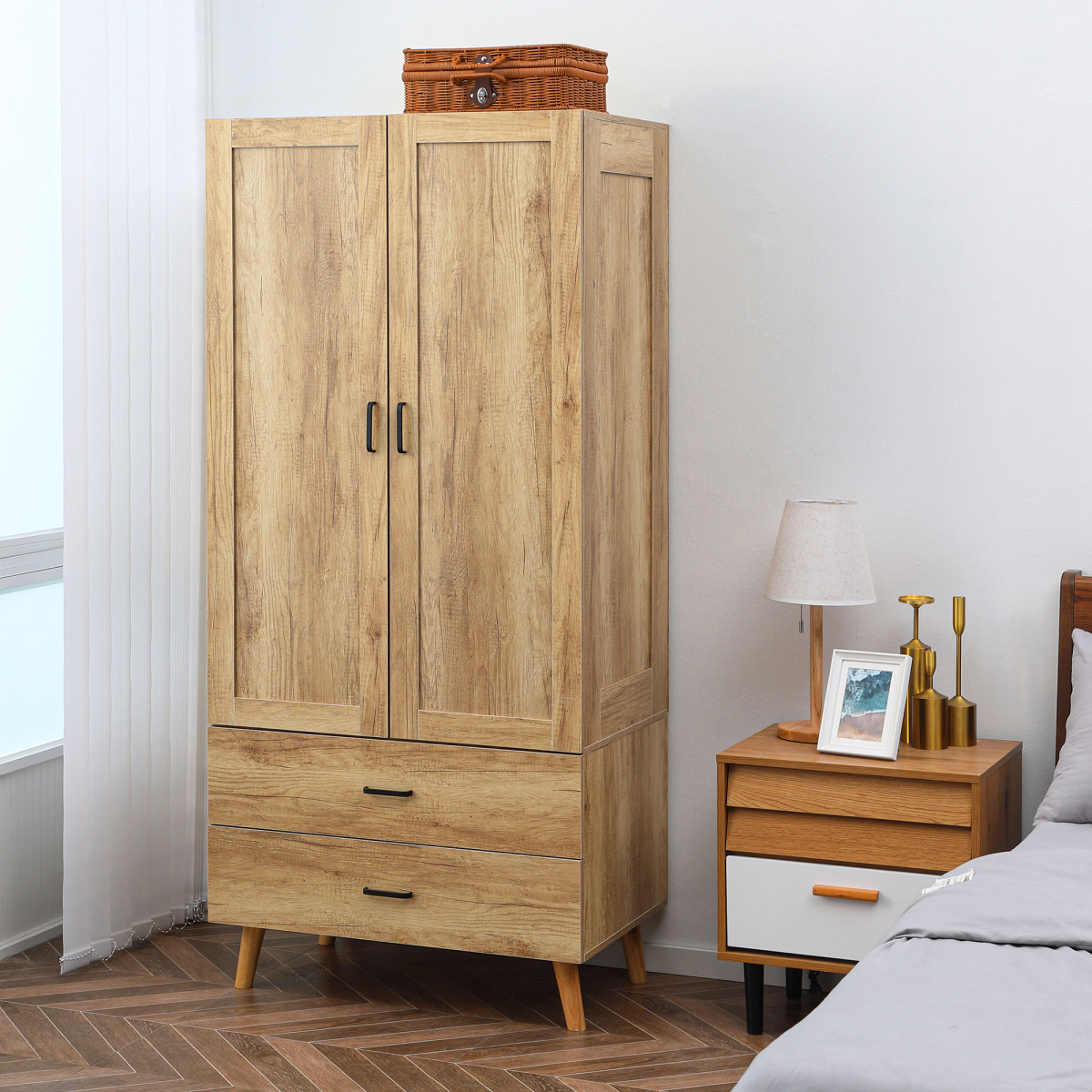 HOMCOM Modern 2-Door Wardrobe with 2 Drawers & Hanging Rail – Natural Bedroom Storage