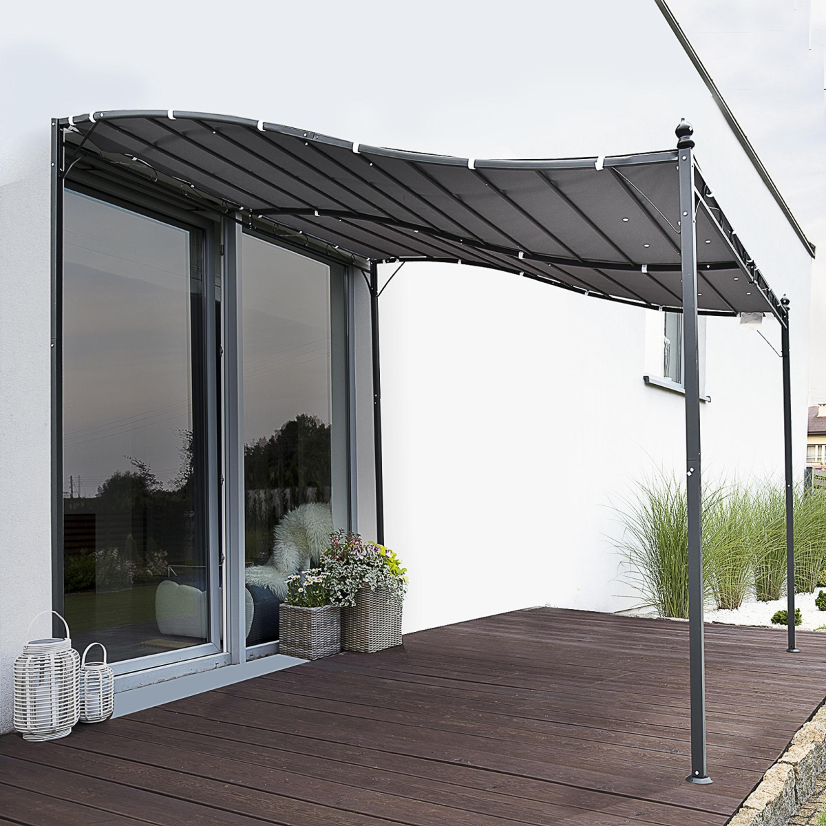 Outsunny 3x3m Freestanding Pergola-Style Metal Canopy with Polyester Roof – Garden Shade Shelter, Grey
