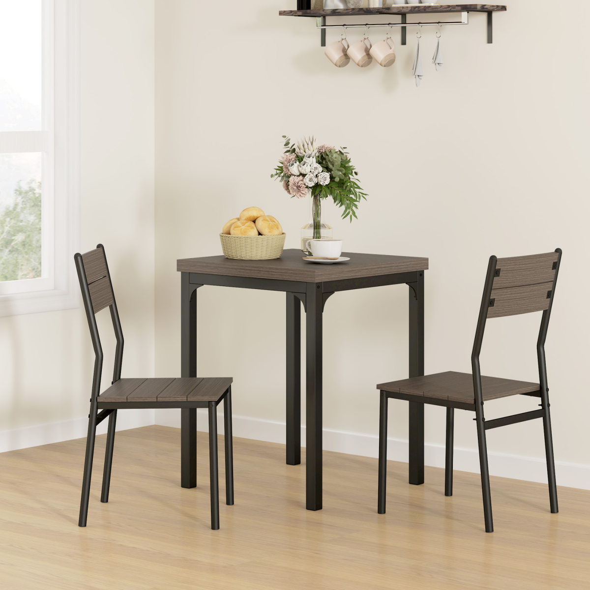 HOMCOM 3 Piece Compact Dining Table & 2 Chairs Set – Space-Saving Kitchen Dining, Grey Wood Grain