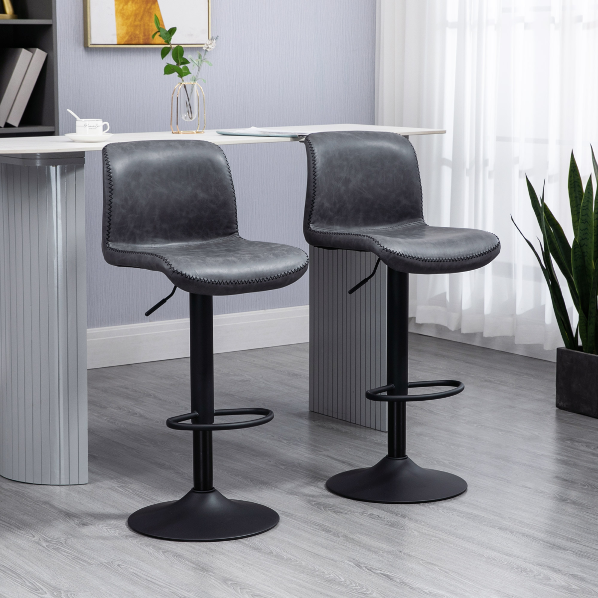 HOMCOM Retro PU Leather Bar Stools, Set of 2 with Adjustable Height, 360° Swivel Seat & Footrest