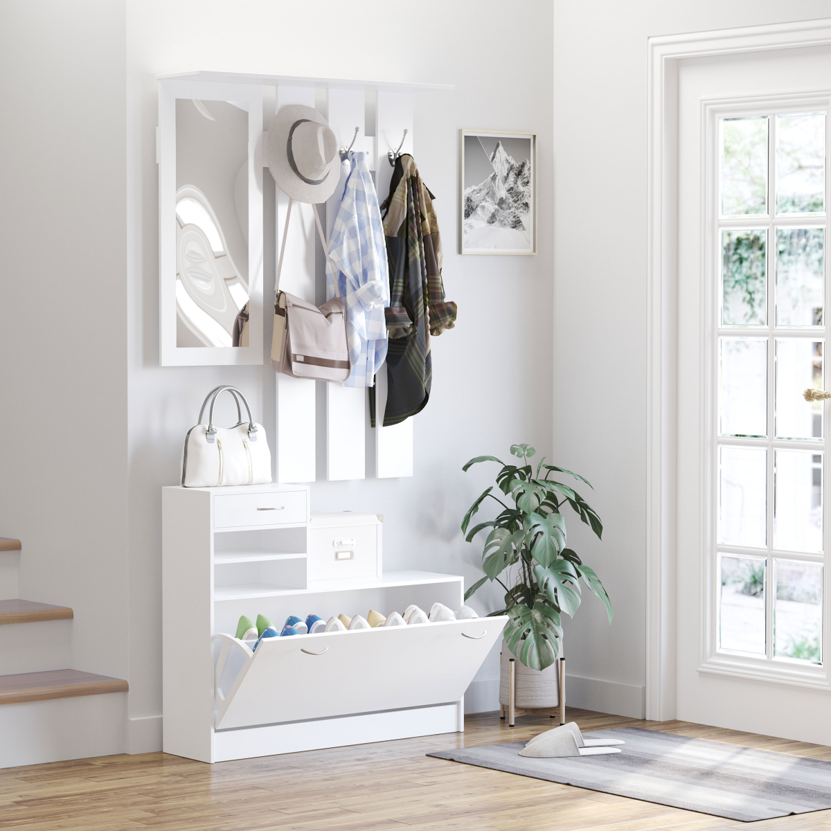 HOMCOM 3-in-1 Entryway Organiser with Mirror, Hooks & Shoe Storage Drawers – Hallway Unit