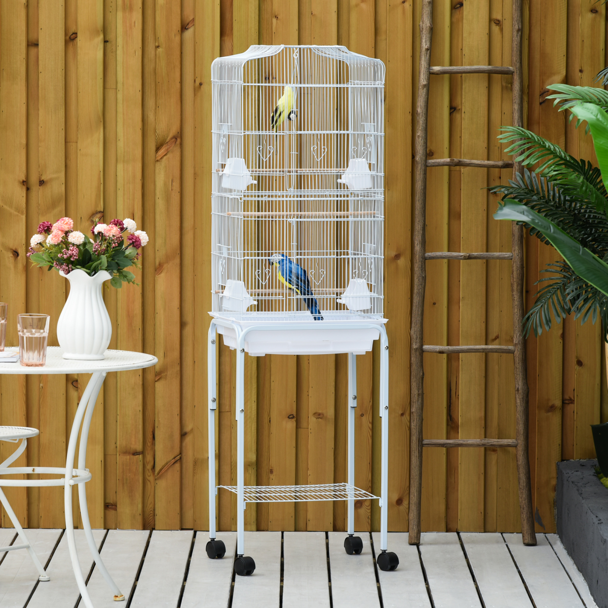 PawHut Large Bird Cage for Budgies, Finches & Canaries with Stand, Sliding Tray & Storage Basket – White