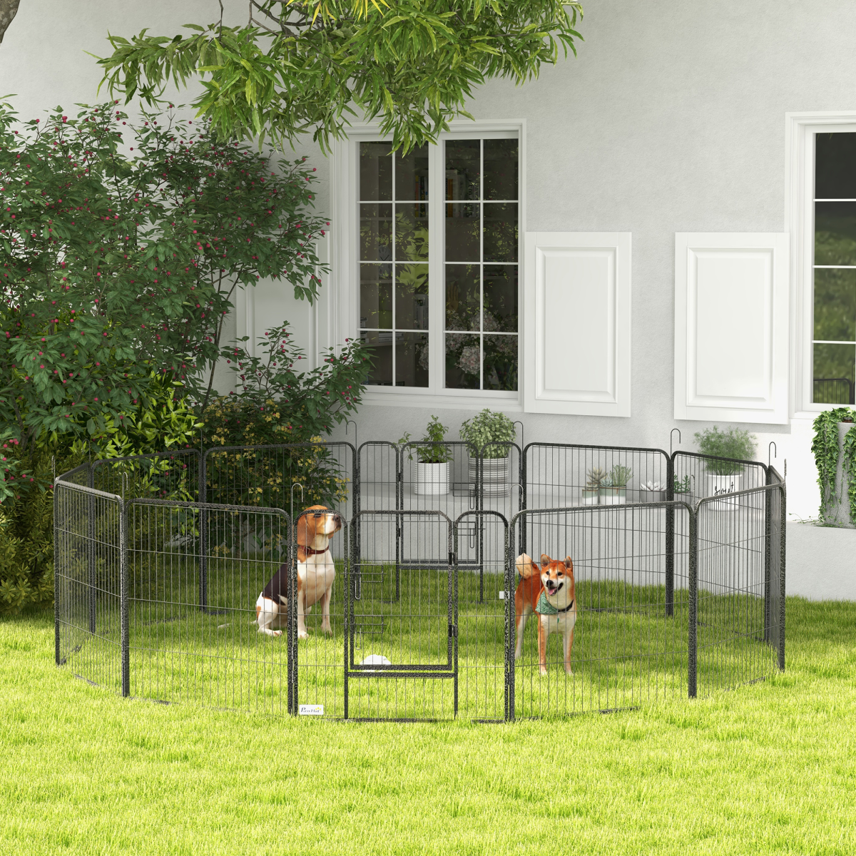 PawHut Heavy Duty Puppy Play Pen with 12 Panels and 2 Lockable Doors – Indoor Outdoor Pet Exercise Pen, Grey