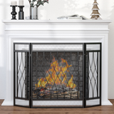 HOMCOM 3-Panel Folding Fireplace Screen with Curved Diamond Design – Black Metal Mesh Spark Guard