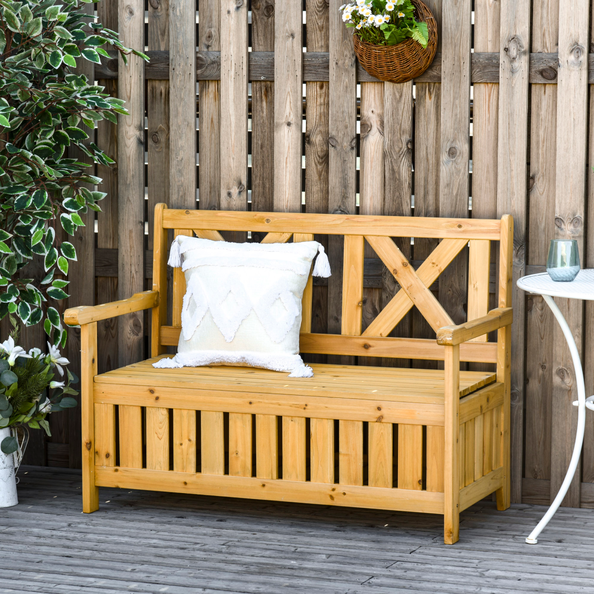 Outsunny 2-Seater Garden Storage Bench – Fir Wood Outdoor Patio Seating with Under-Seat Storage