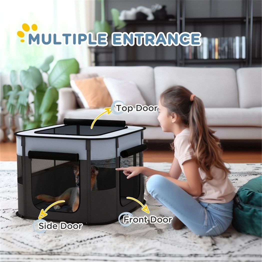 Foldable Pet Playpen with Mesh Windows, Doors & Ground Stakes – Indoor Outdoor Small Animal Enclosure