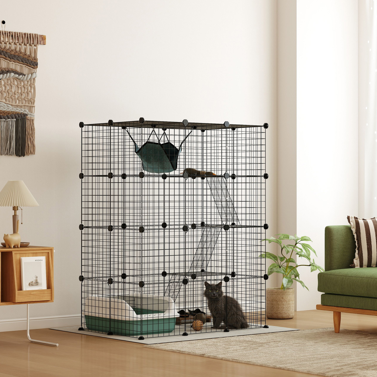 PawHut Customisable Cat Playhouse with Four Tiers, Ramps & Hammock – DIY Cat Enclosure for Up to Three Cats, Black
