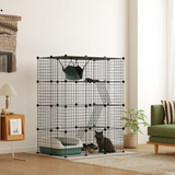 PawHut Customisable Cat Playhouse with Four Tiers, Ramps & Hammock – DIY Cat Enclosure for Up to Three Cats, Black