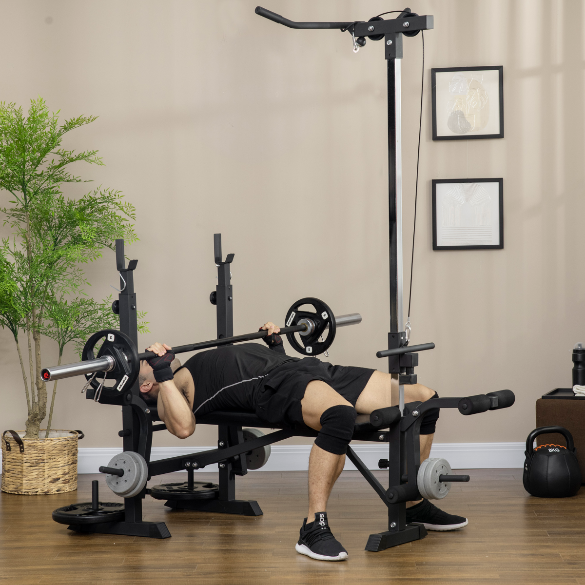 HOMCOM Adjustable Weight Bench with Barbell Rack & Lat Pulldown – Multifunction Full Body Home Gym Bench