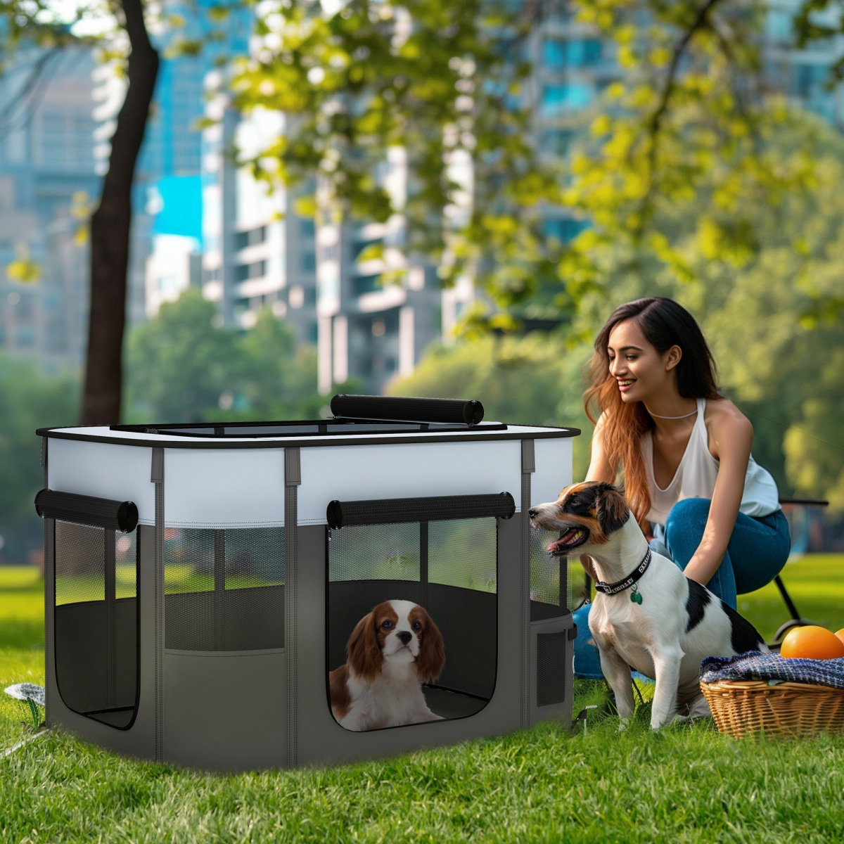 PawHut Portable Foldable Pet Playpen with Mesh Windows & Storage Bag – Dog, Rabbit & Kitten Run, Grey, 94cm