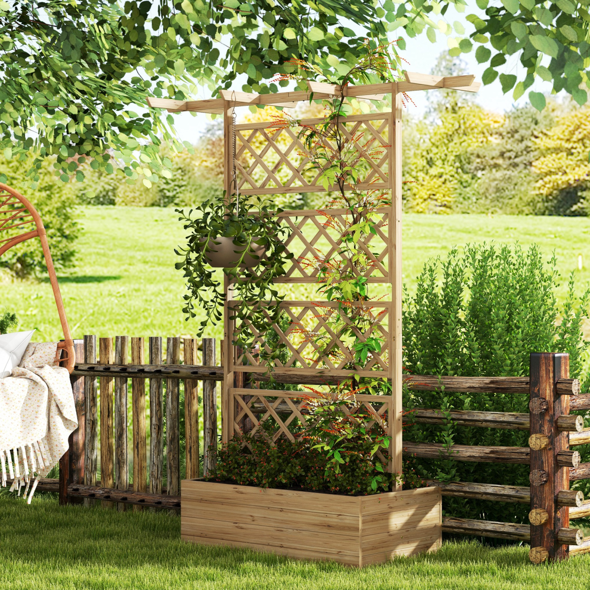 Outsunny Wooden Trellis Planter with Roof and Open Bottom – Raised Garden Bed for Climbing Plants, Natural