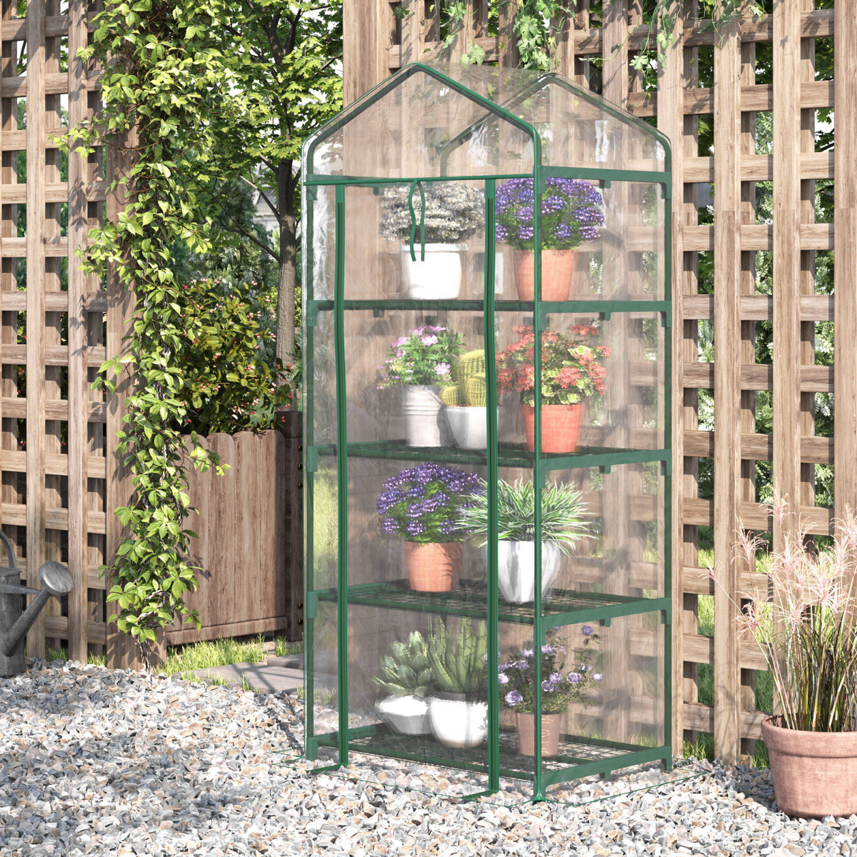 Mini Greenhouse with 4 Shelves, Steel Frame & Roll-Up Zipped PVC Cover – 70 x 50 x 160cm Grow House, Dark Green