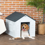 PawHut Weather-Resistant Dog House with Cottage Windows – Puppy Shelter for Medium Dogs up to 20kg, Grey