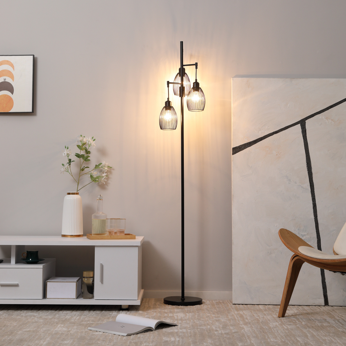 HOMCOM 170cm Industrial 3-Light Dimmable Floor Lamp – Steel Frame, Black