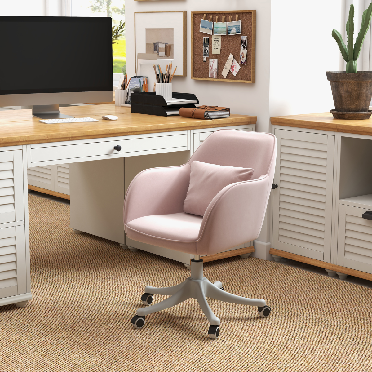 Vinsetto Velvet-Feel Office Chair with Rechargeable Massage Lumbar Pillow – Tub Back Swivel Desk Chair