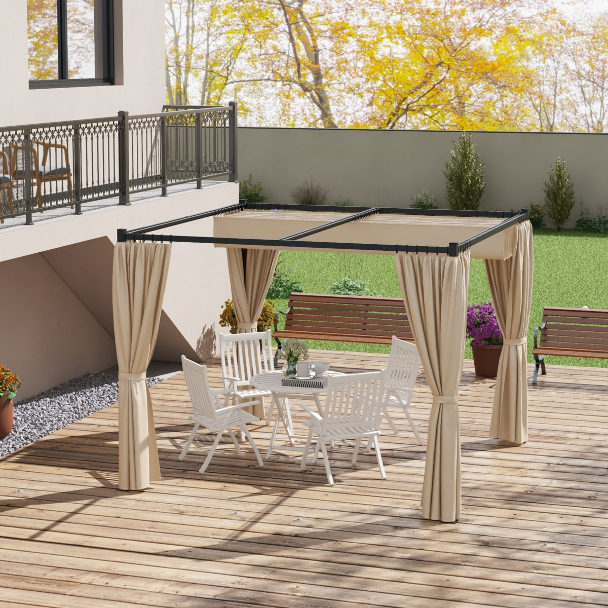 Outsunny 3 x 3m Retractable Pergola with Curtains, PU-Coated Polyester Canopy & Metal Frame – Beige