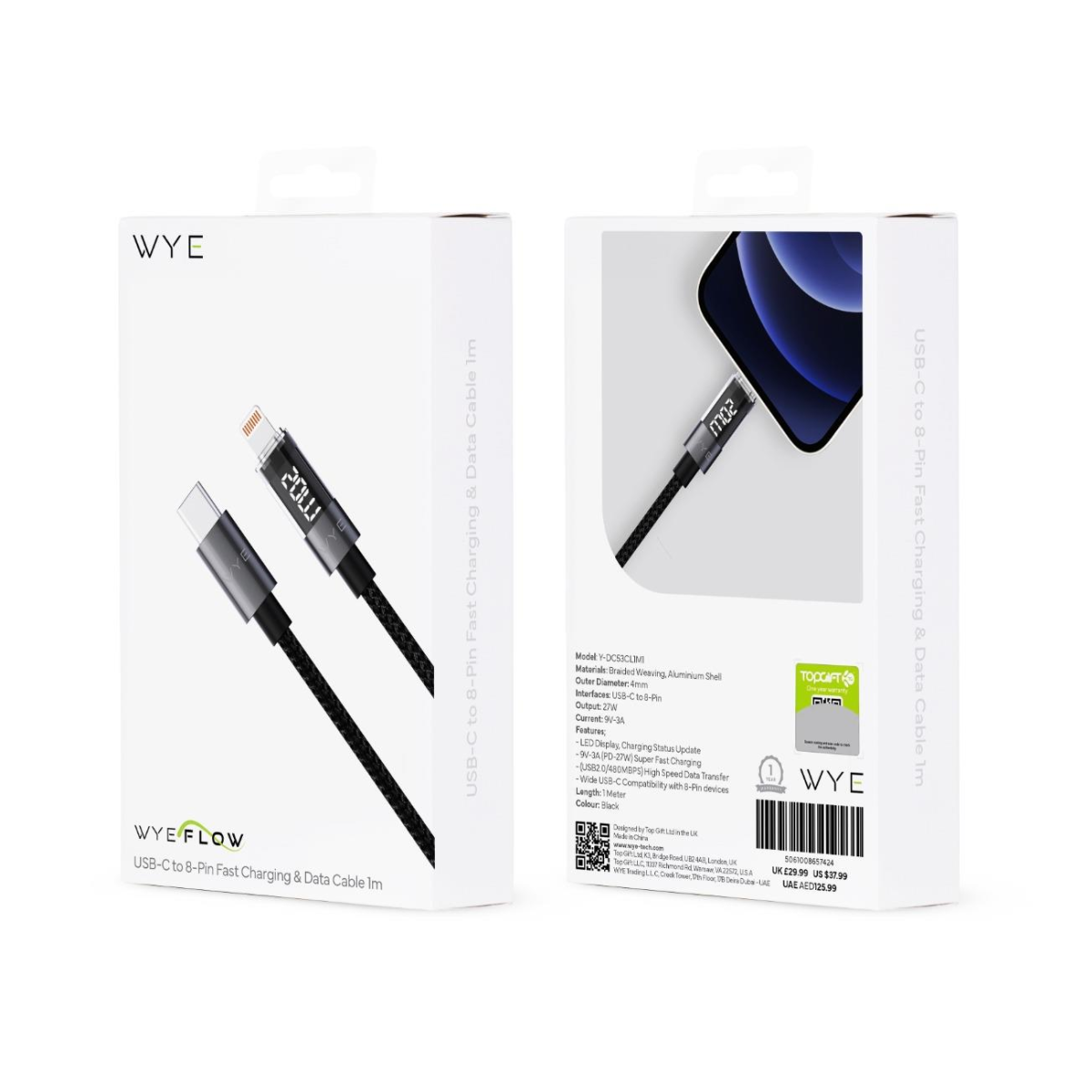 WYEFLOW USB-C to 8-Pin Fast Charging & Data Cable 1m with LED Display – 27W Braided Lead, Black