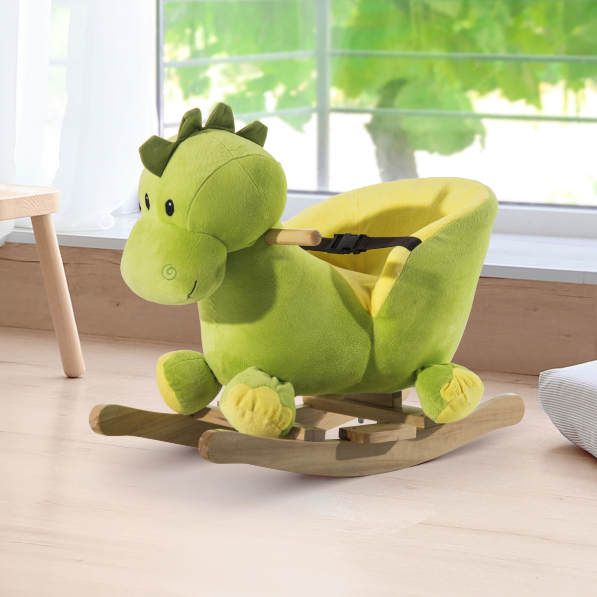 HOMCOM Kids Rocking Horse with 32 Songs, Plush Finish & Poplar Wood Frame – Ride-On Toy for Ages 18+ Months, Green