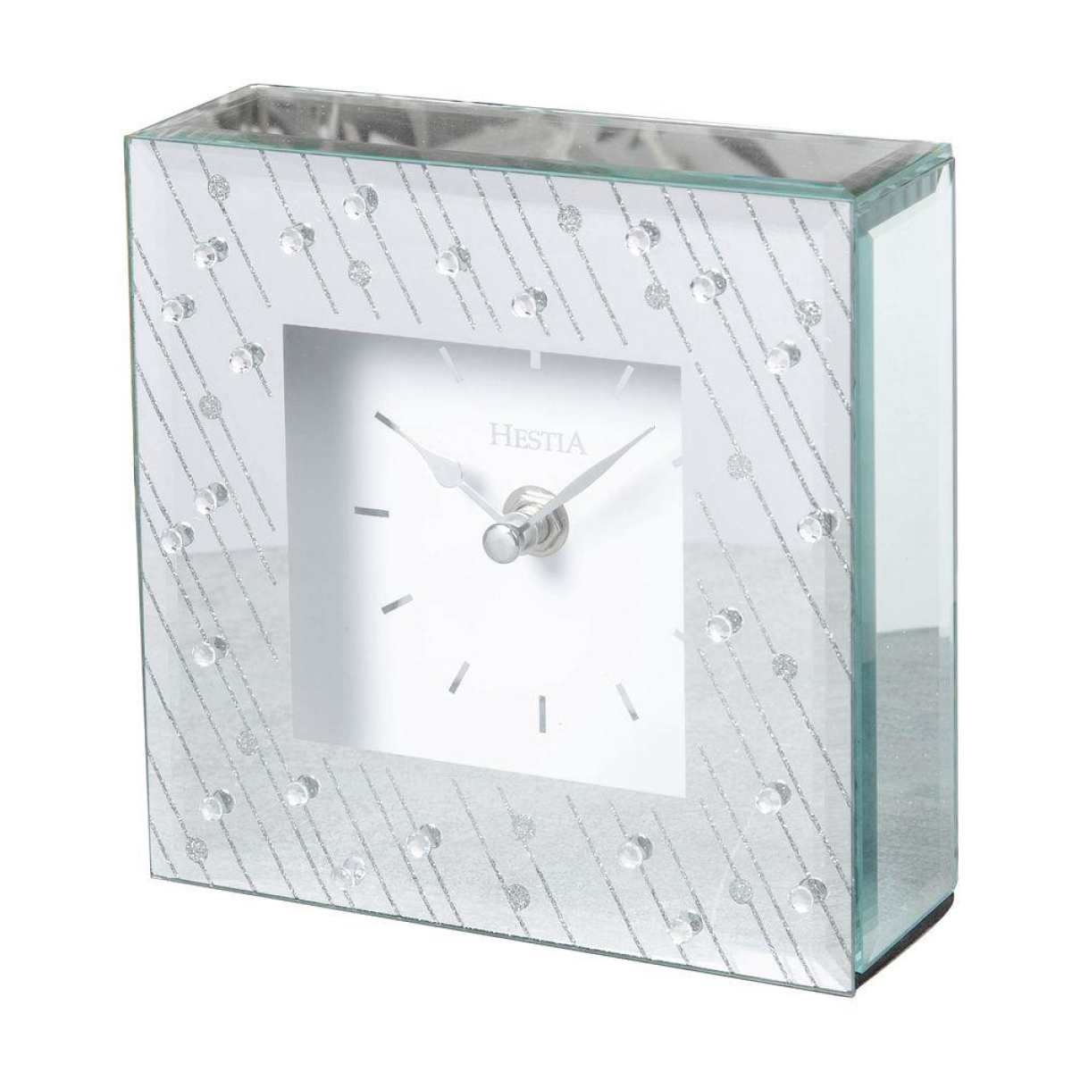 Hestia Mirror Glass Raindrop Design Mantel Clock HE1329CK – Silver Luxe Crystal and Glitter Quartz Clock