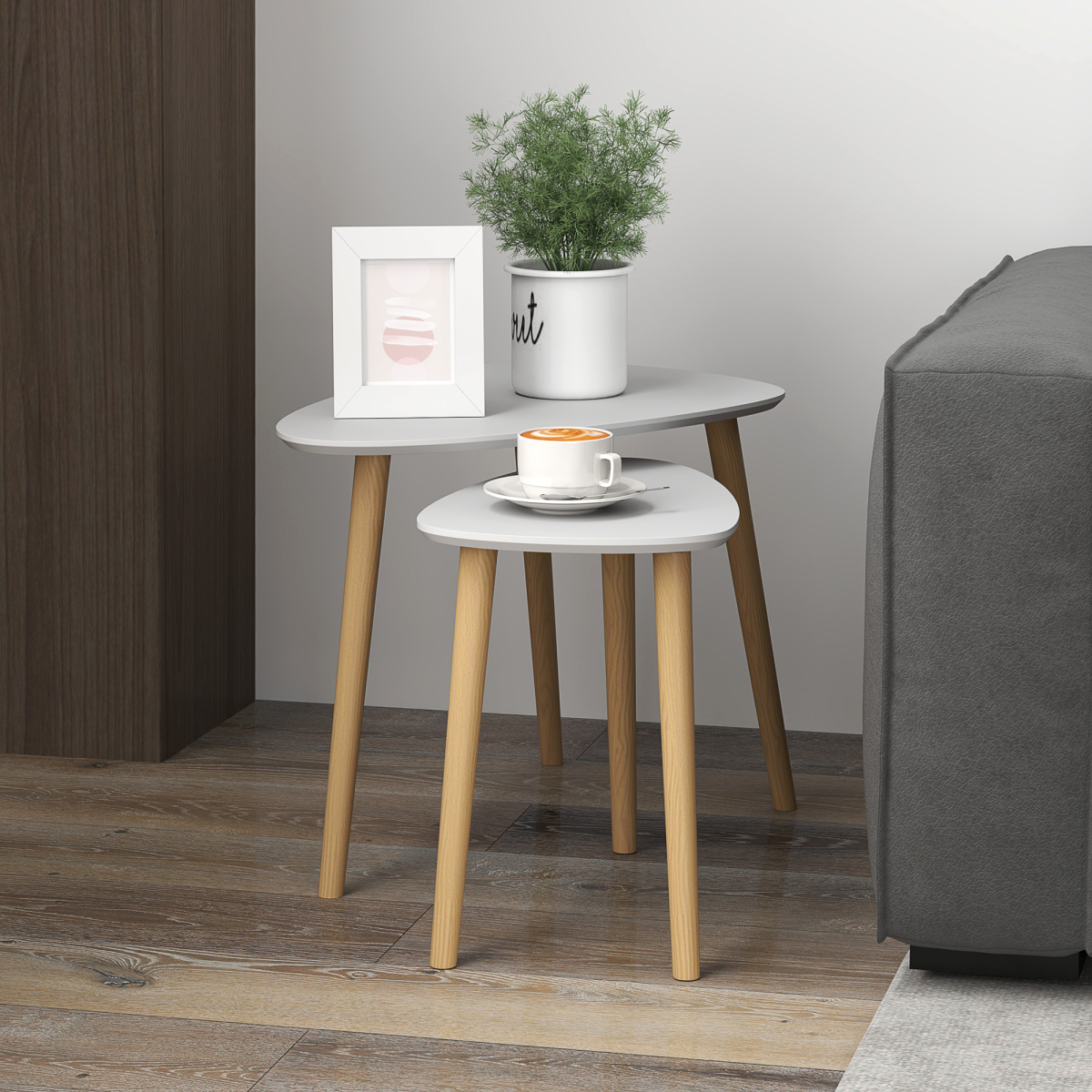 HOMCOM Side Table Set of 2 – Modern Nesting End Tables with Solid Wood Legs, Light Grey and Natural