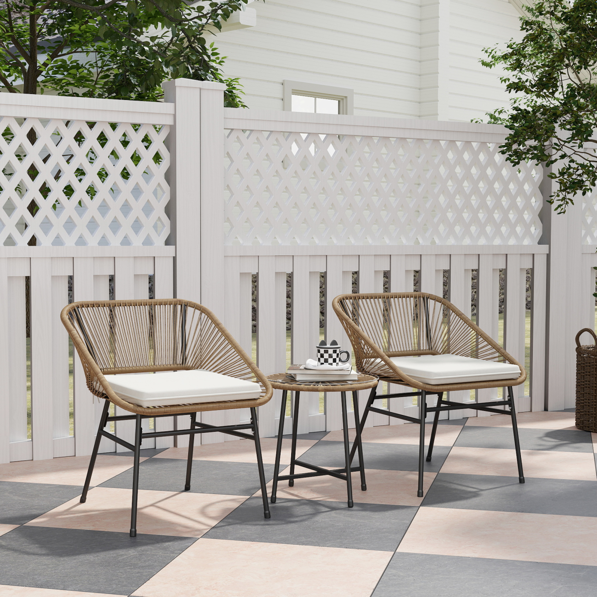 Outsunny 3-Piece Rattan Bistro Set with Cushions & Tempered Glass Table – Small Balcony Garden Furniture