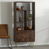 Indian Hub Large 2 Door Solid Wood Bookcase with Dark Gold Metal Inlay – Living Room Storage