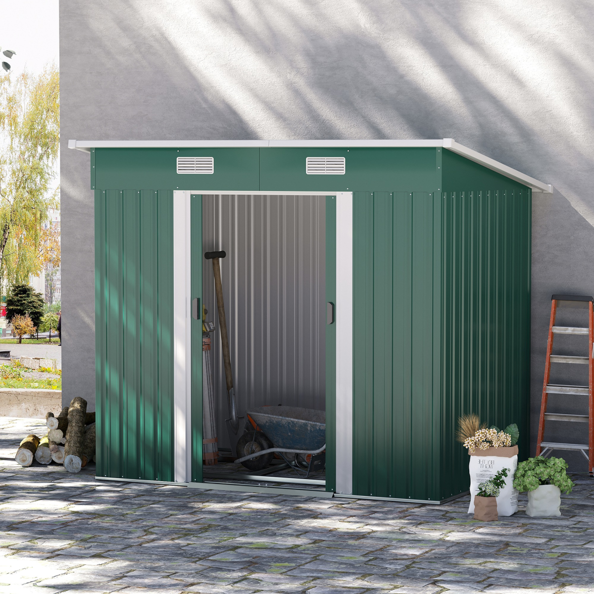 Outsunny 7 x 4ft Metal Garden Storage Shed with Vents and Lockable Sliding Doors – Tool Store, Green