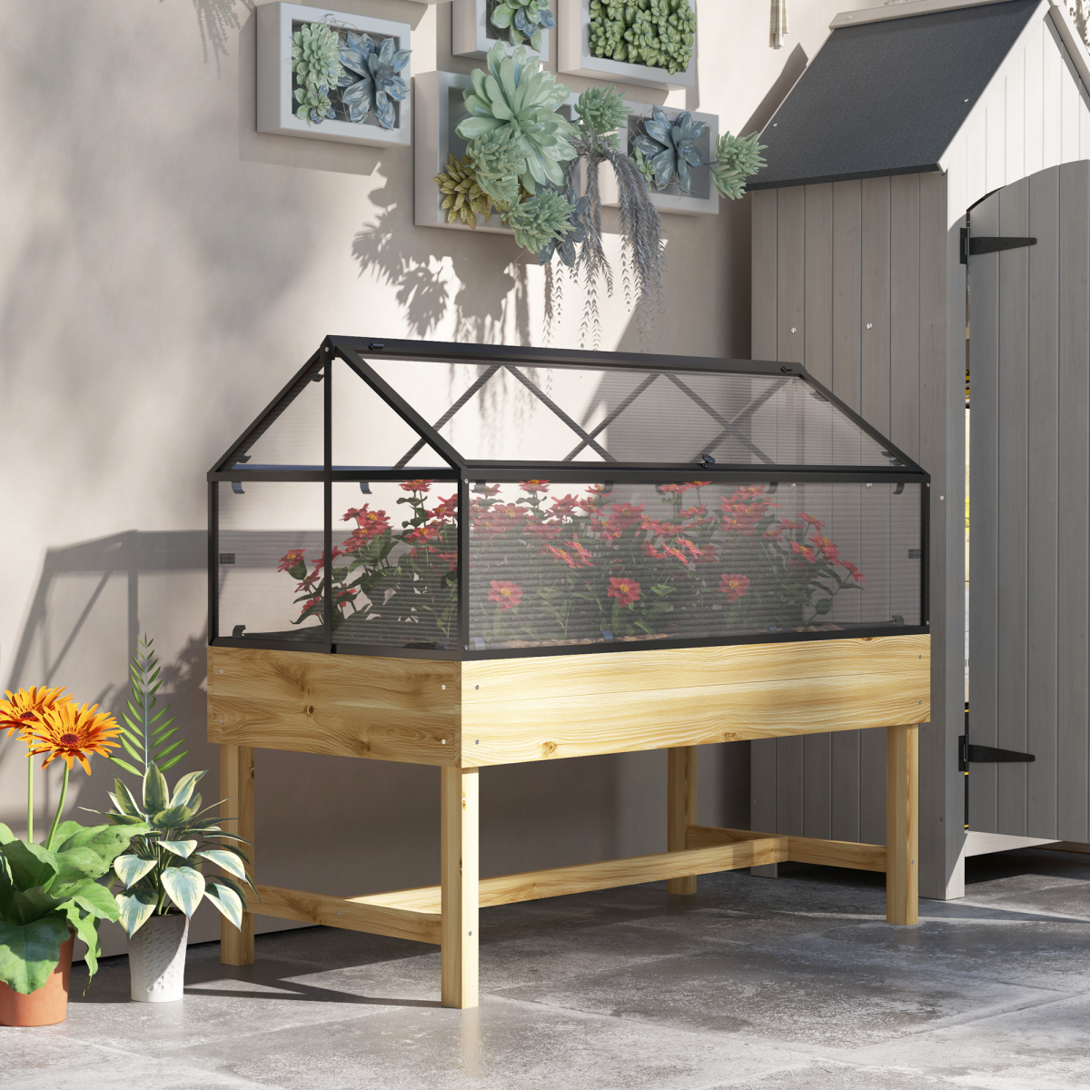 Outsunny Elevated Raised Garden Bed with Polycarbonate Grow House Cover & Flip-Up Windows – Year-Round Growing