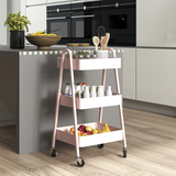 HOMCOM 3-Tier Rolling Utility Cart with Mesh Trays – Kitchen Storage Trolley, Pink