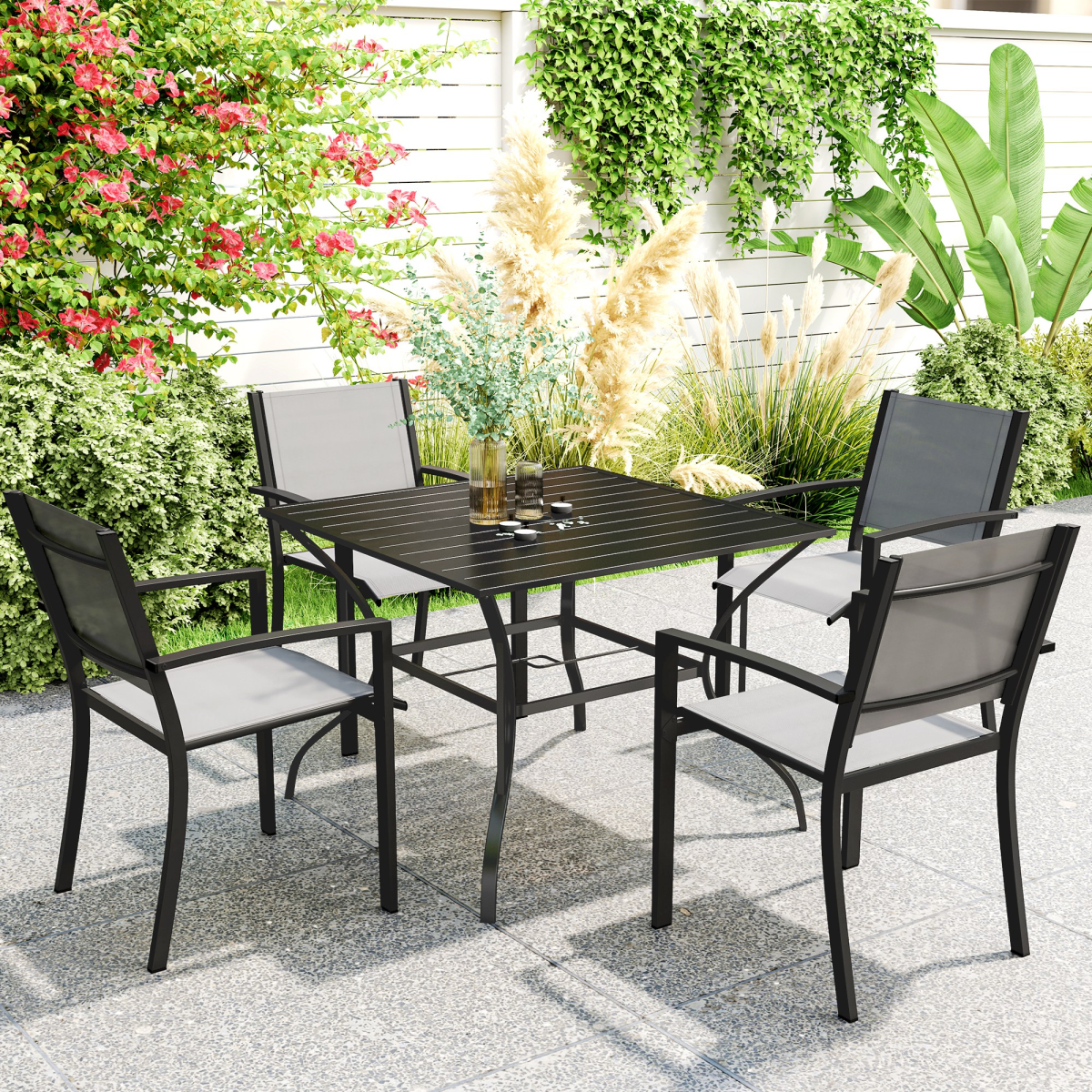 Outsunny Square Garden Table for 4 with Parasol Hole – Slatted Metal Top, Powder-Coated Steel Frame