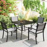 Outsunny Square Garden Table for 4 with Parasol Hole – Slatted Metal Top, Powder-Coated Steel Frame