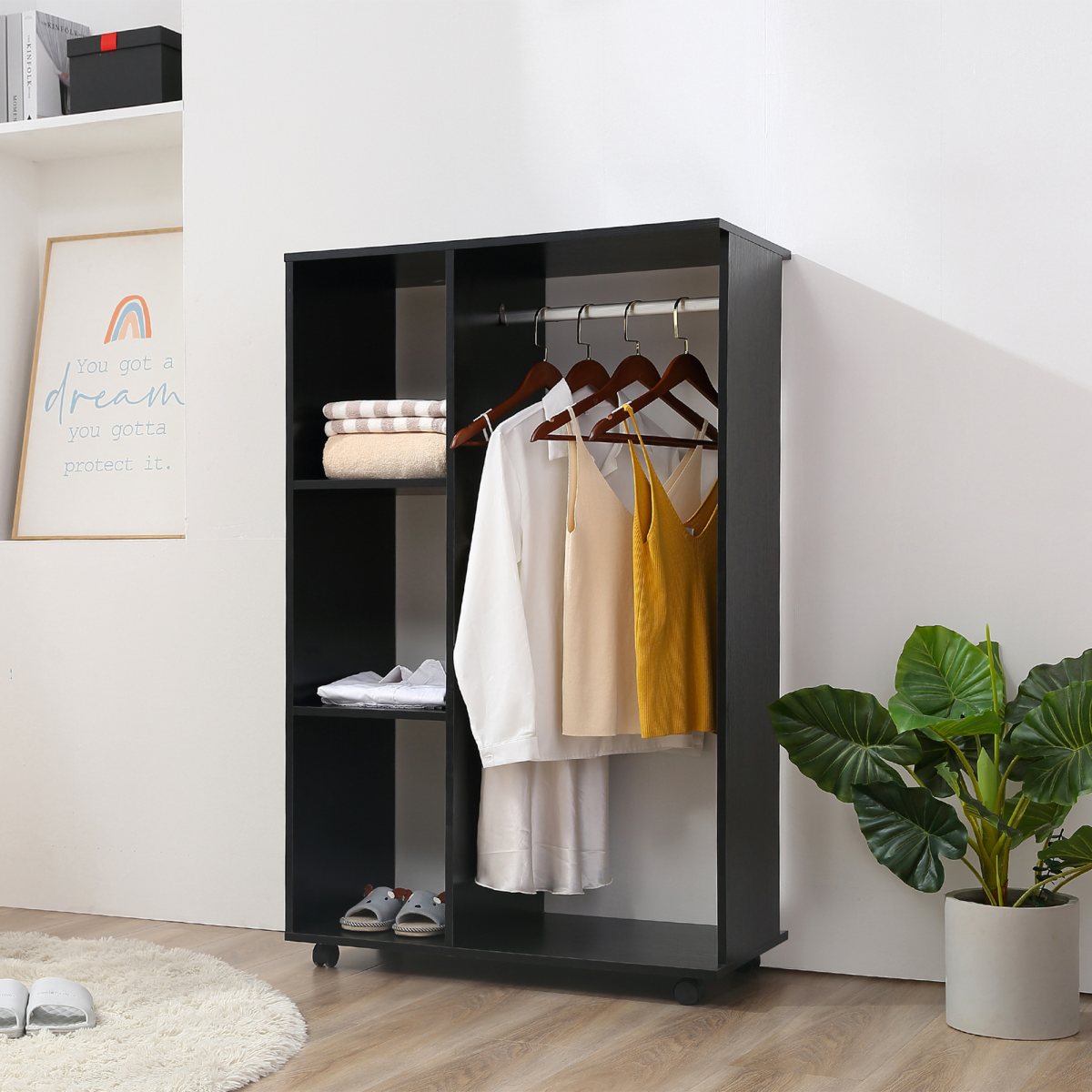 Rolling Open Wardrobe with Hanging Rail & Storage Shelves – Black Clothes Rack for Bedroom