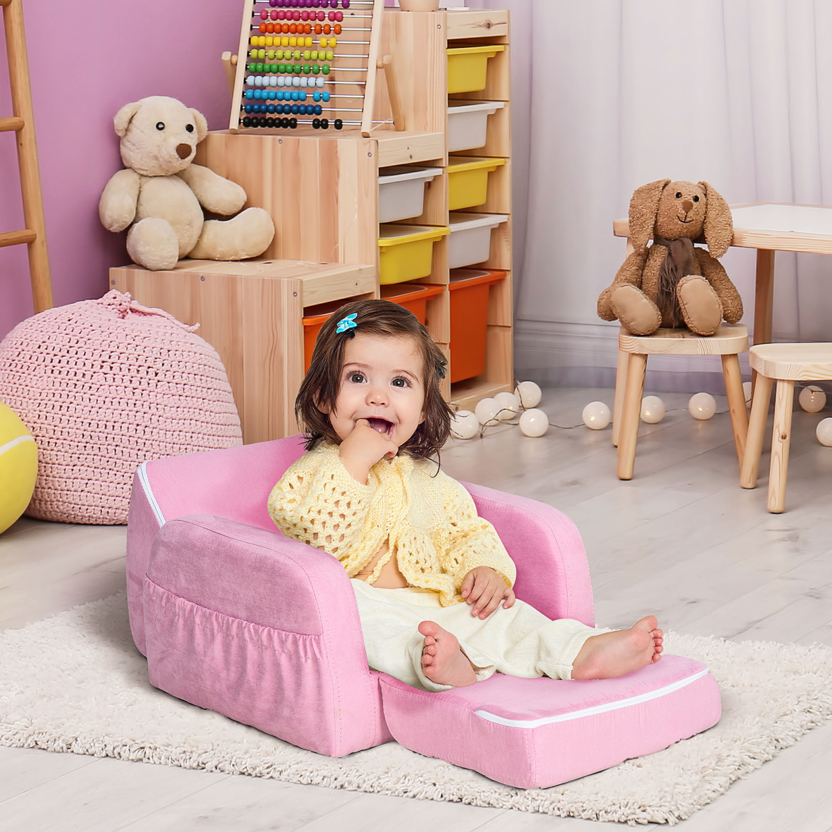 HOMCOM 2-in-1 Kids Armchair Sofa Bed with Fold-Out Padded Seat & Solid Wood Frame – Bedroom Furniture, Pink