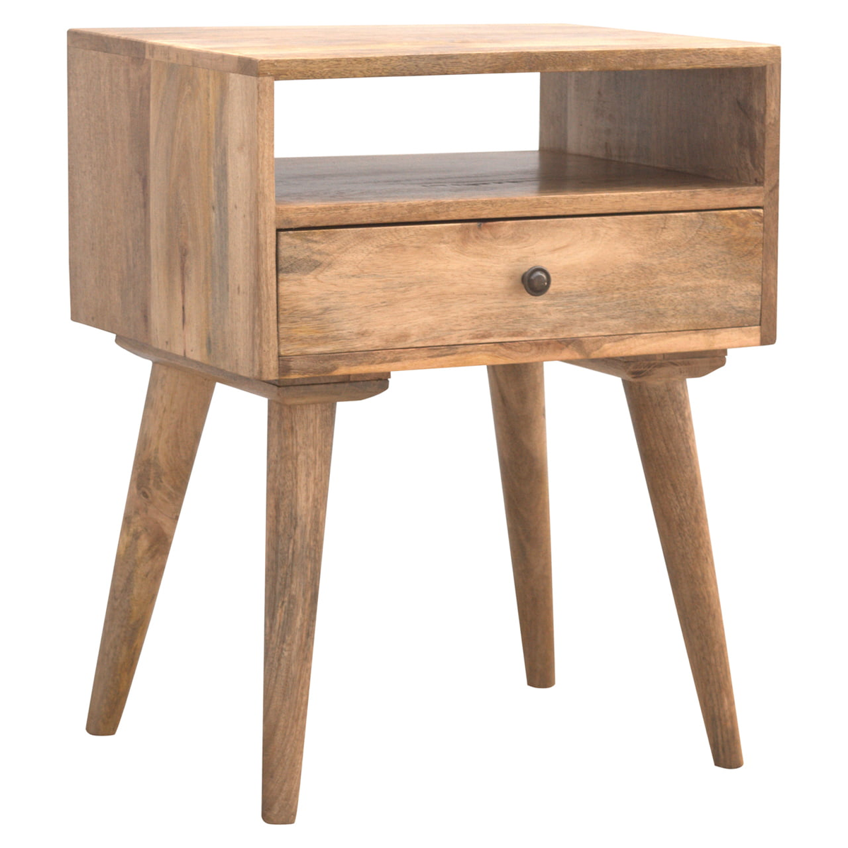 Artisan Furniture Solid Mango Wood Modern Bedside Table with 1 Drawer & Open Shelf – Oak-ish Finish, Beige
