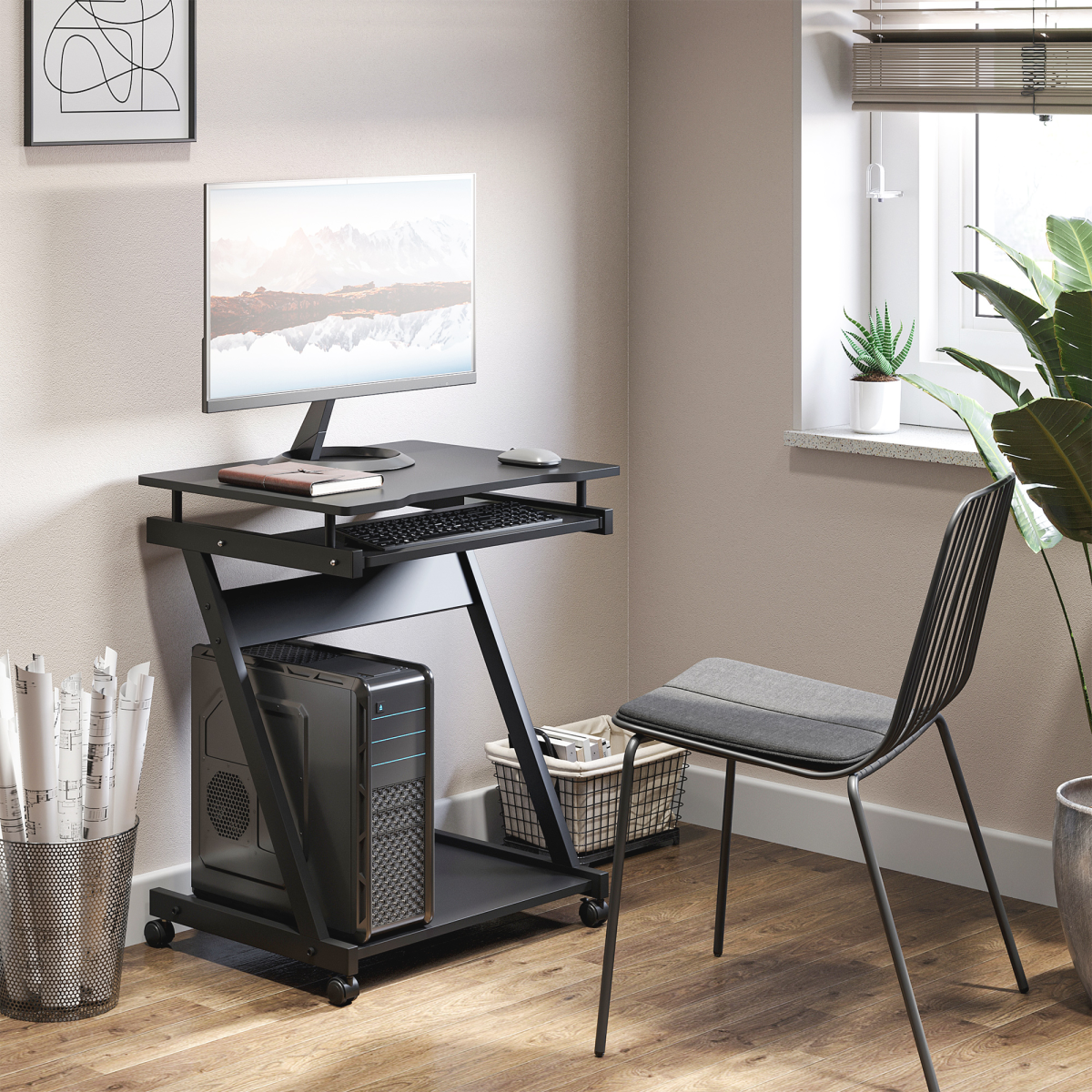 Movable Computer Desk with 4 Wheels and Sliding Keyboard Tray – Compact Home Office PC Workstation, Black