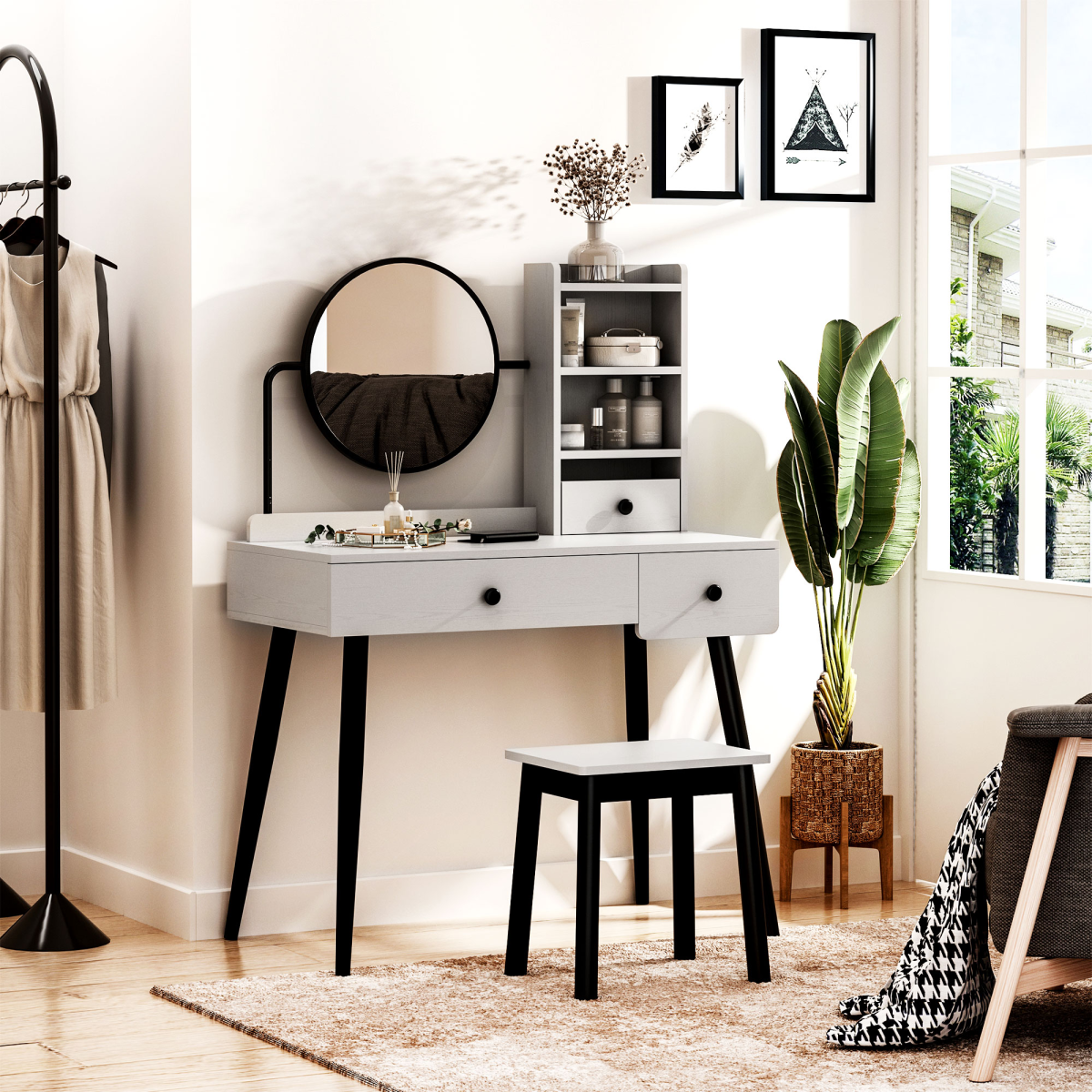 HOMCOM Dressing Table Set with 3 Drawers, Side Shelves, Mirror & Stool – Grey