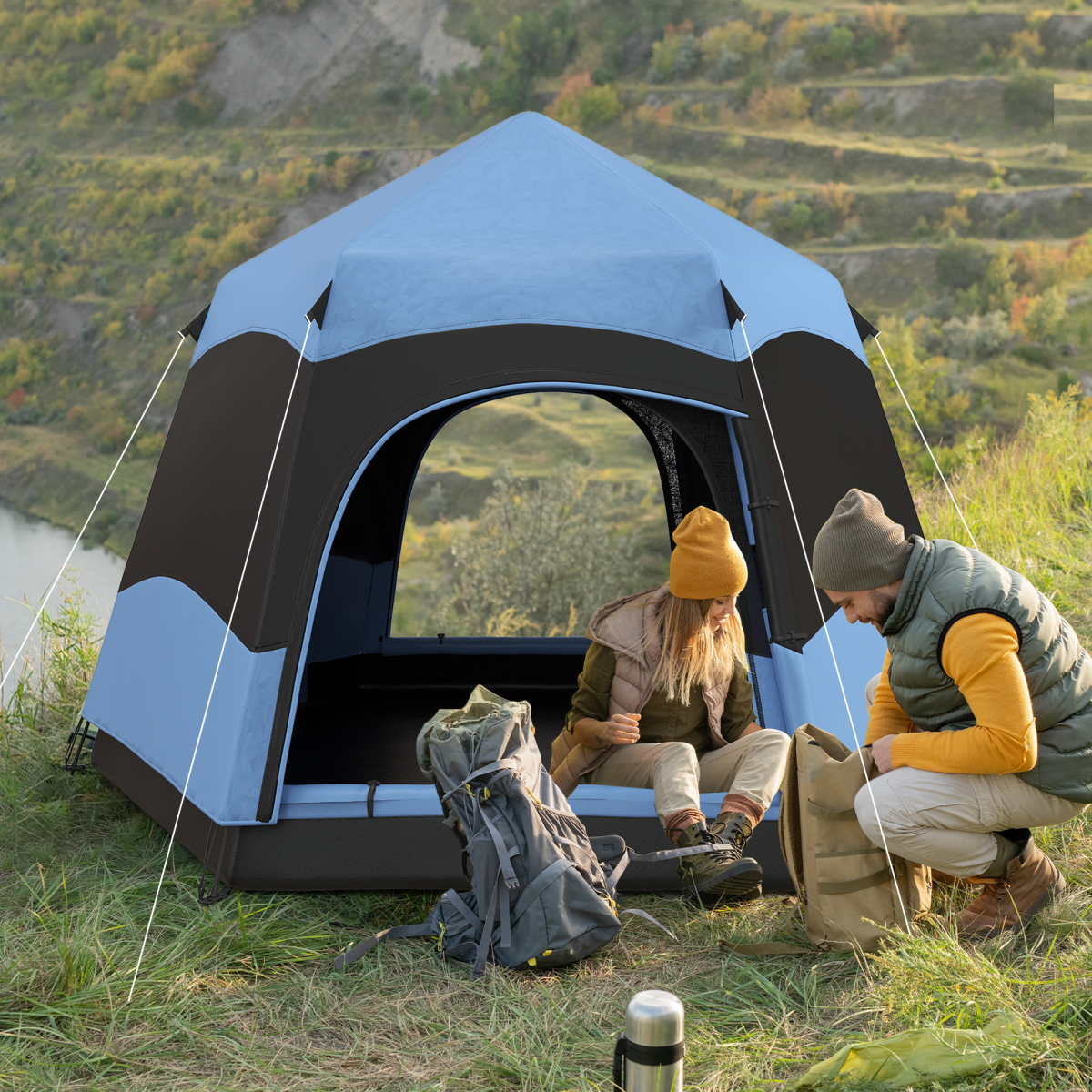 Outsunny 4 Person Pop Up Tent with 2 Doors & Mesh Windows – Camping & Festival Shelter, Blue and Black