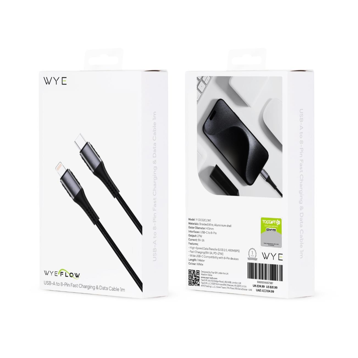WYEFLOW USB-C to 8-Pin Fast Charging & Data Cable with 27W Power Delivery – Braided, 1m, White