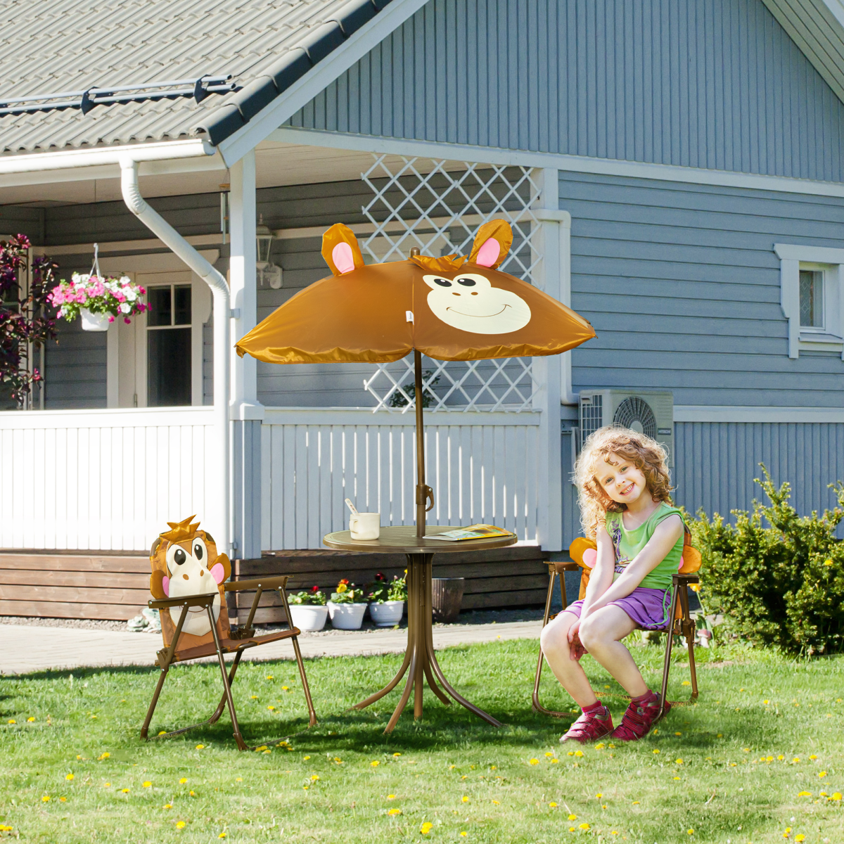 Outsunny Kids Foldable Four-Piece Garden Set with Table, Two Chairs and Monkey Umbrella – Ages 3-6